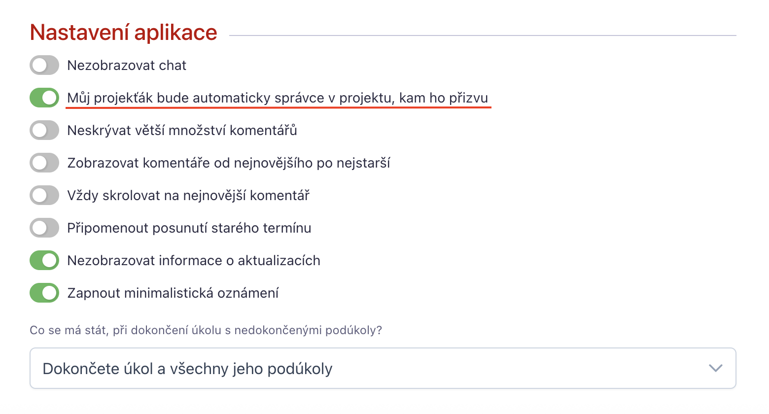Pole nechte zaškrtnuté, pokud chcete, aby váš Projekťák byl zároveň Správcem na projektech, kam ho přizvete.