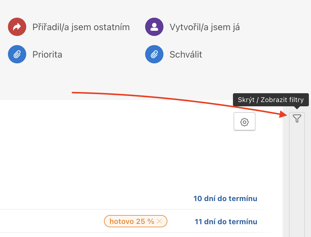 Jak zobrazit menu s filtry na Dashboardu.