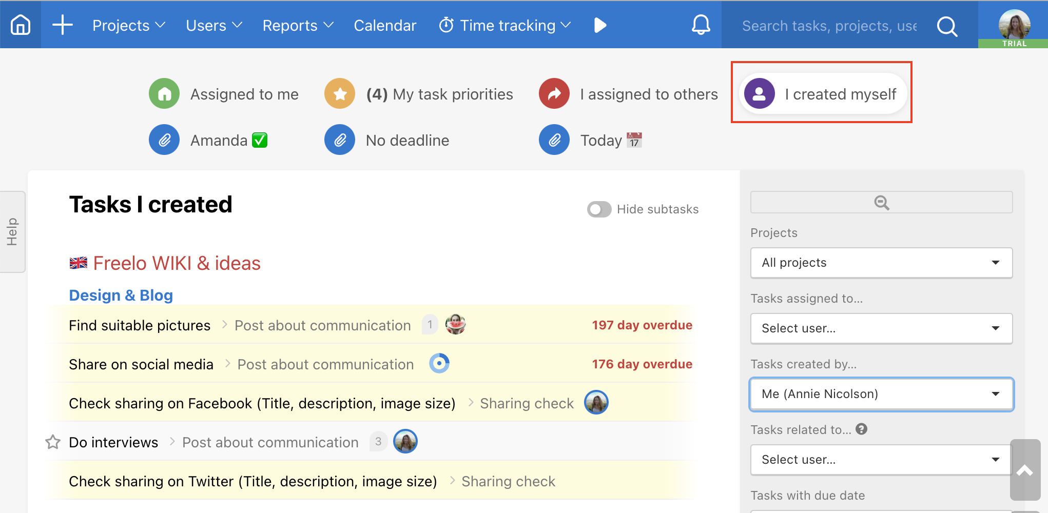 Overview of tasks I created myself.