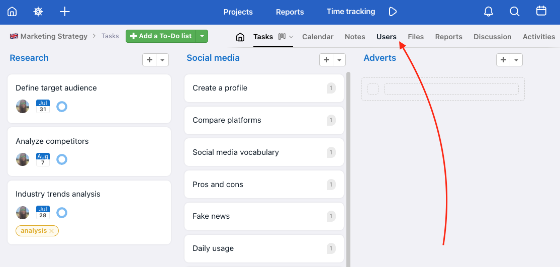 In the top section, find the Users.