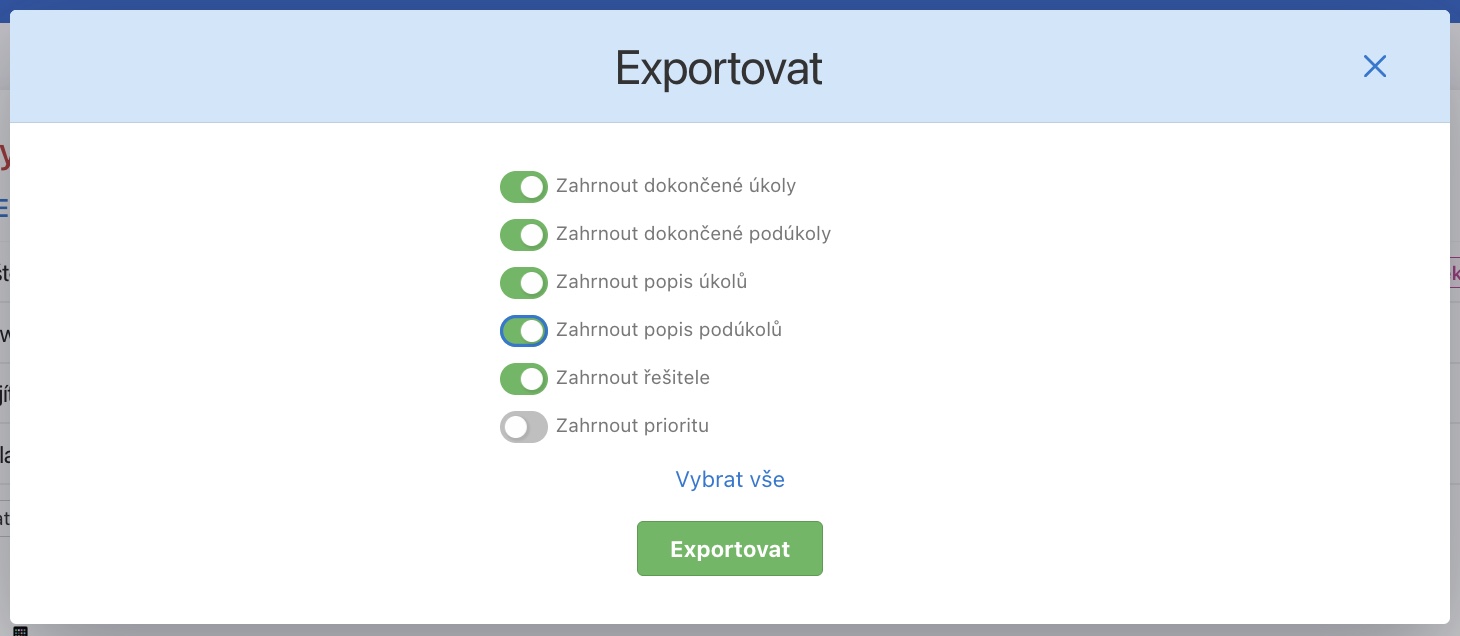 Zvolte si, co všechno má export obsahovat.