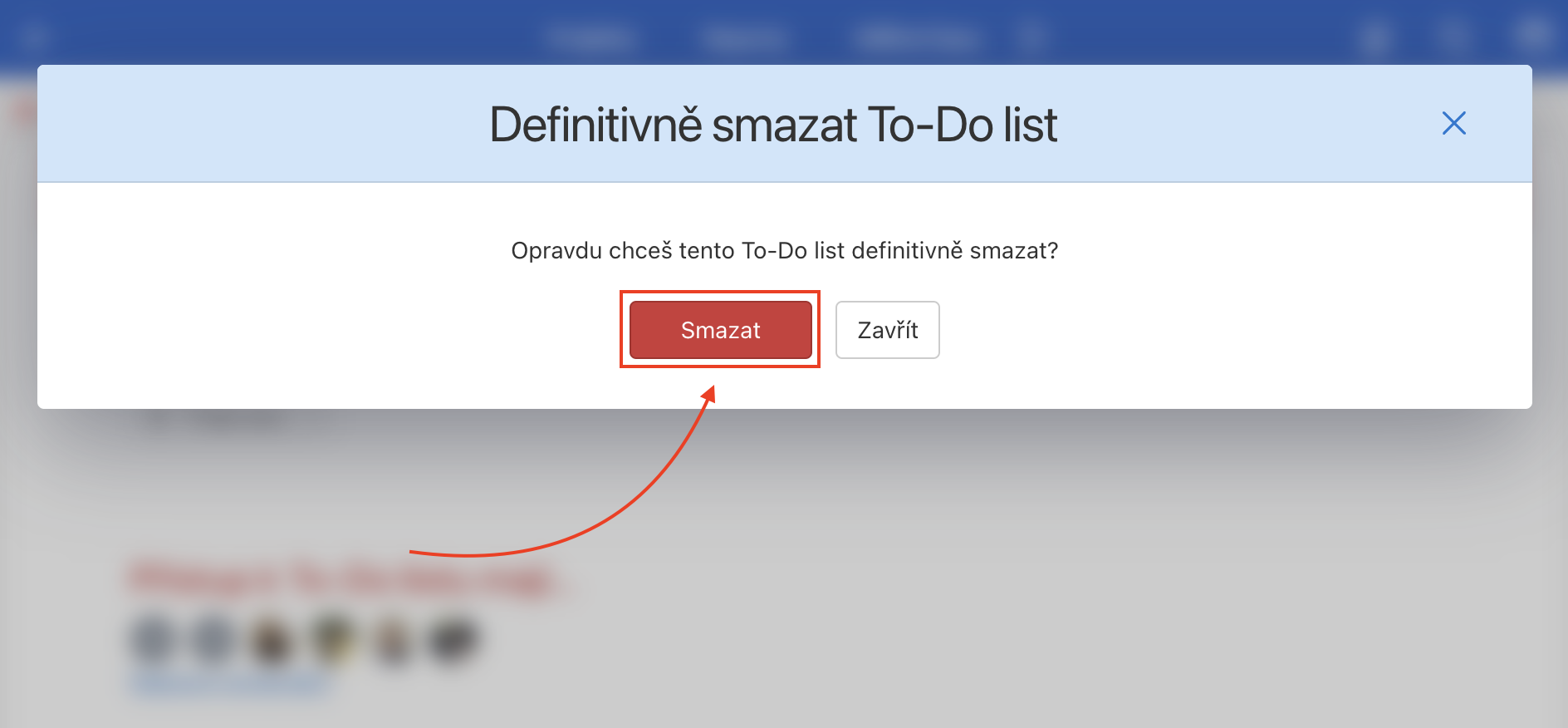 Potvrď odstranění To-Do listu přes červené tlačítko Smazat.