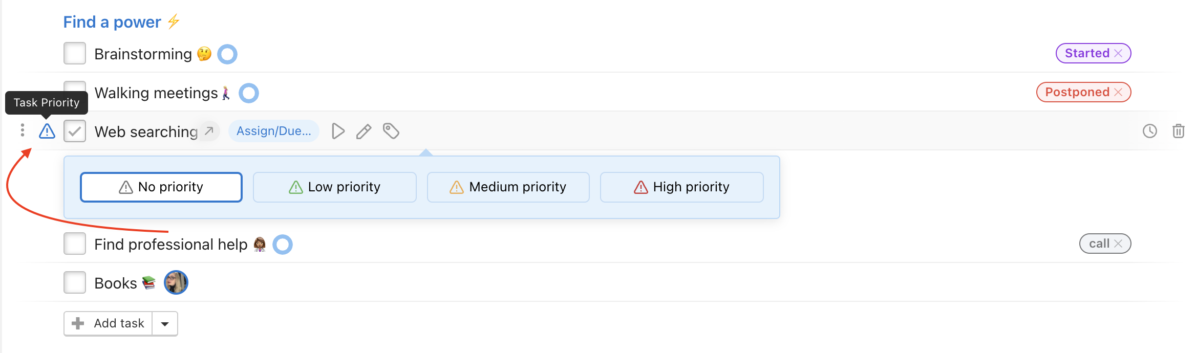 Click the Task Priority icon and set the priority.