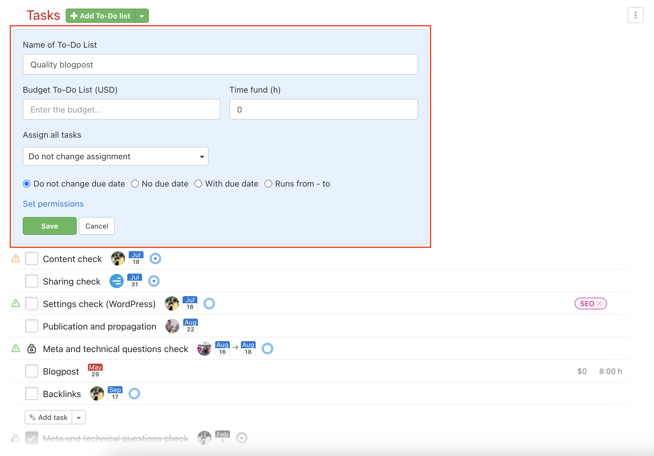 How to change the default task assignee and other parameters in a To-Do list.