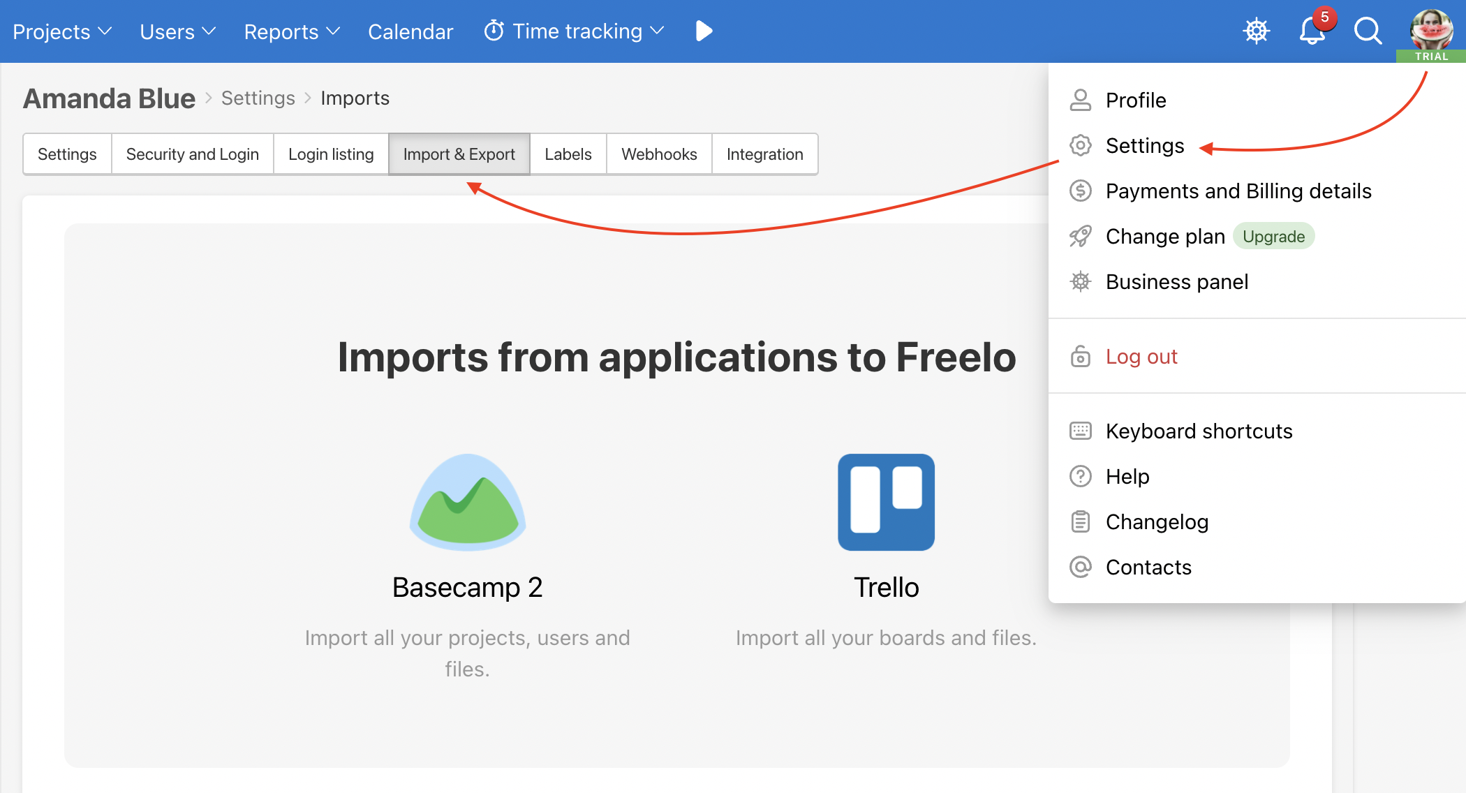 To export data from Freelo, go to Settings.