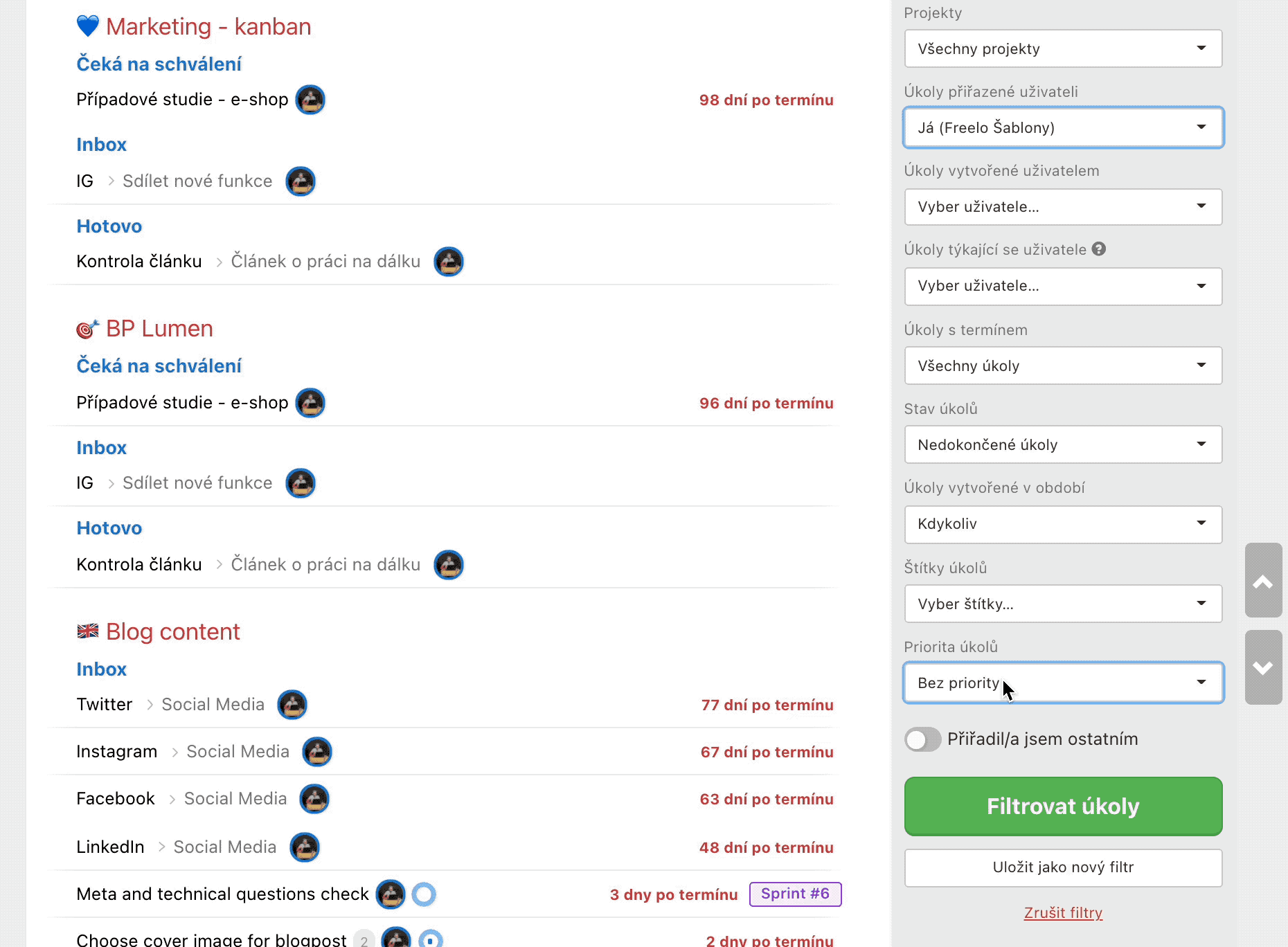 Ukázka, jak filtrovat na Dashboardu dle priorit.