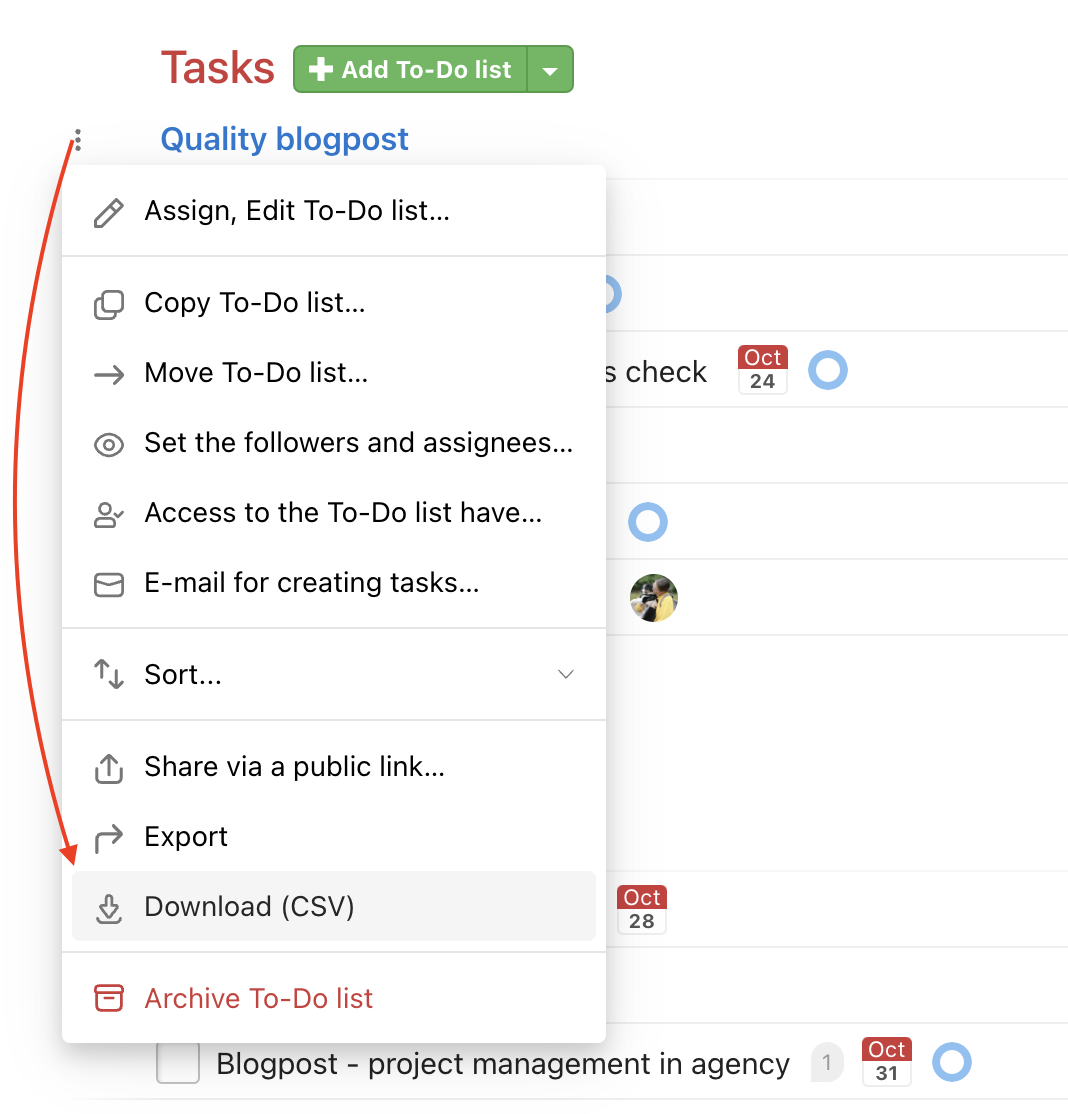 How to download a To-Do list in CSV format.