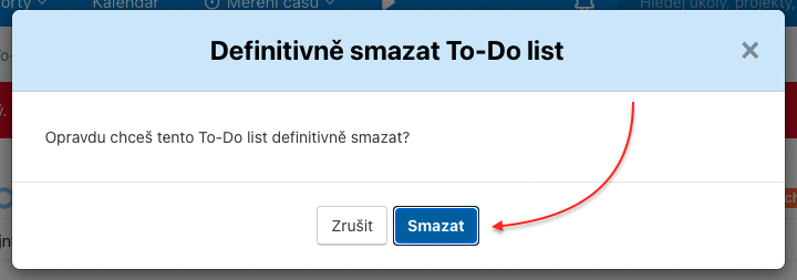 Potvrď odstranění To-Do listu přes modré tlačítko Smazat.