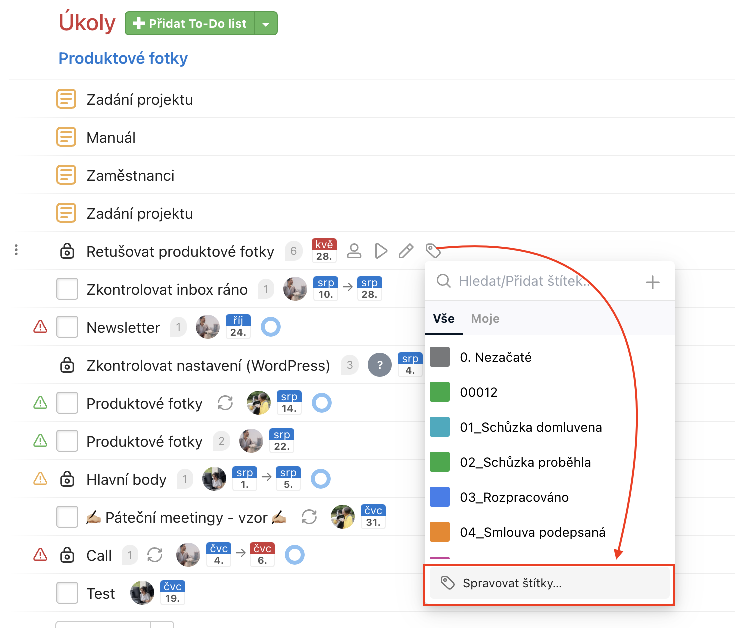 Jak spravovat štítky z stránce úkolů v projektu.