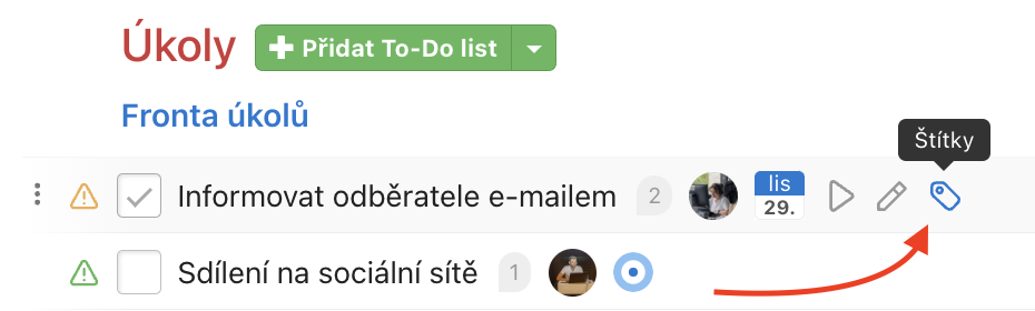 Jak přidat nový štítek k úkolu.