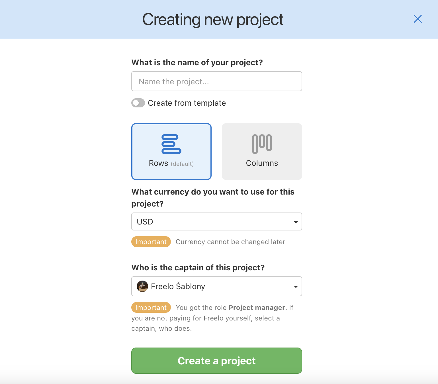 Example of how to create a new project.