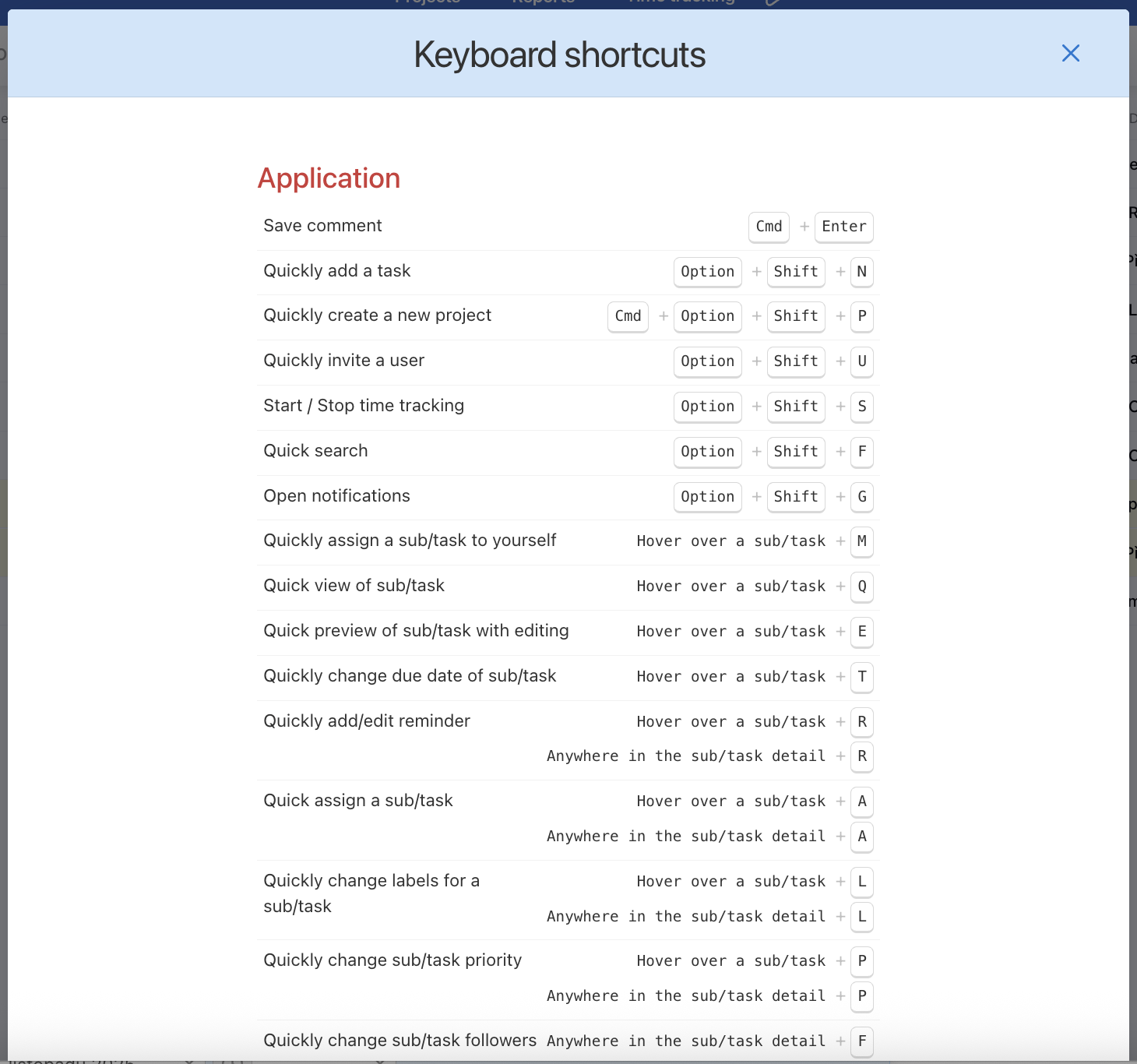 Overview of keyboard shortcuts for Application.