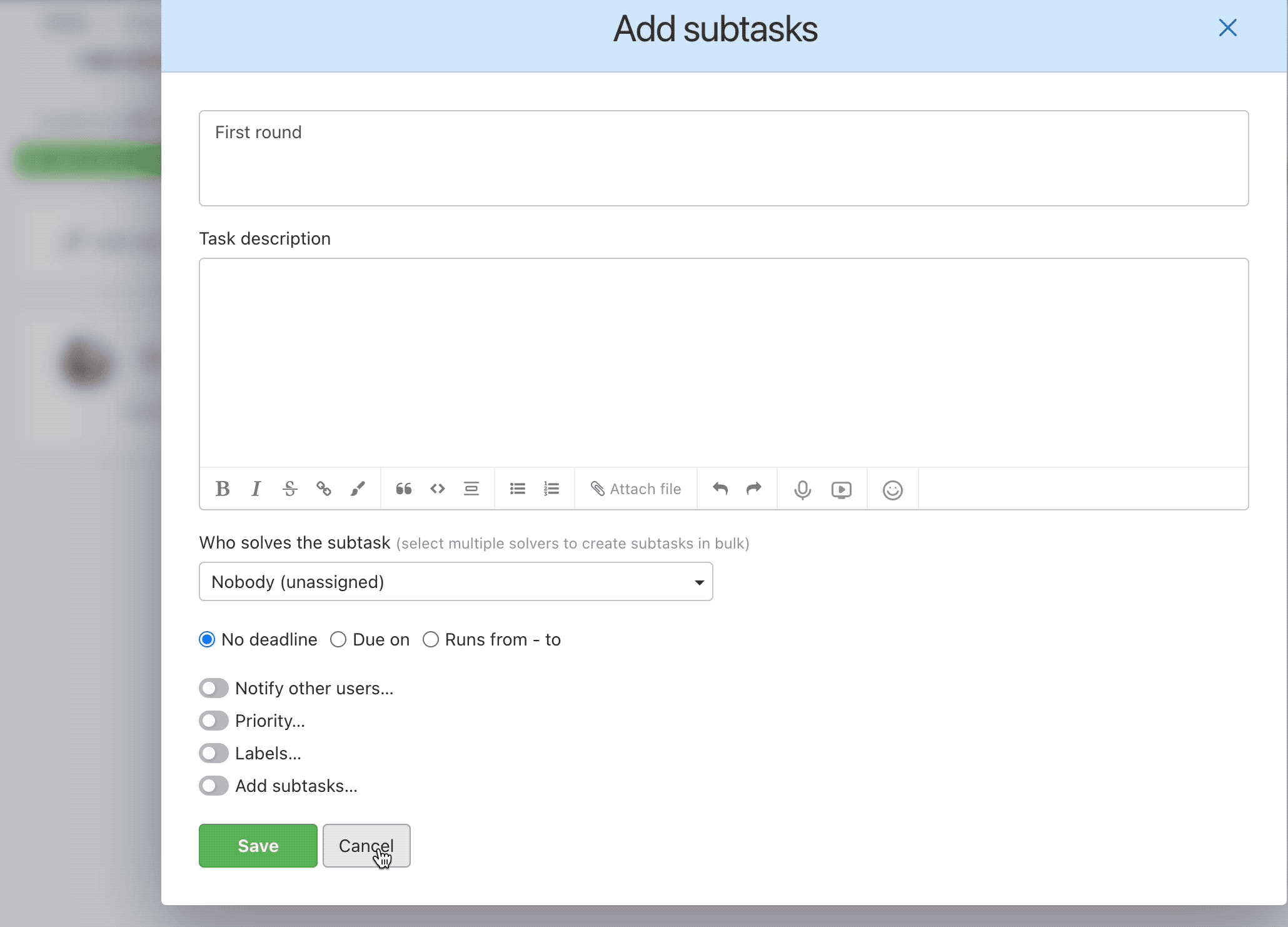 GIF showing how easy it is to create more subtasks simultaneously for each member of the team, in this case HR.