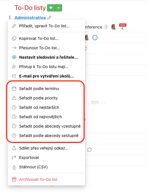 Takovéhle jsou možnosti řazení To-Do listů.