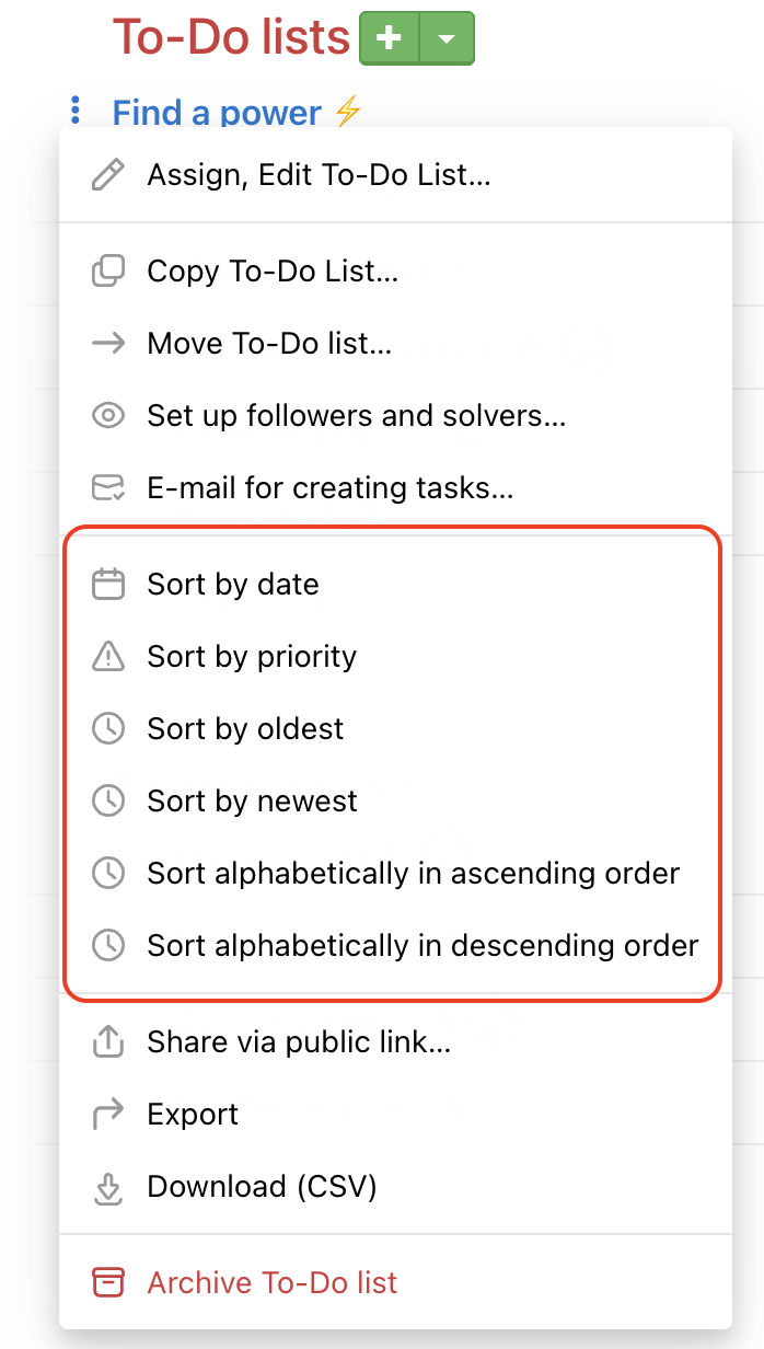 Options of sorting tasks in To-Do lists.