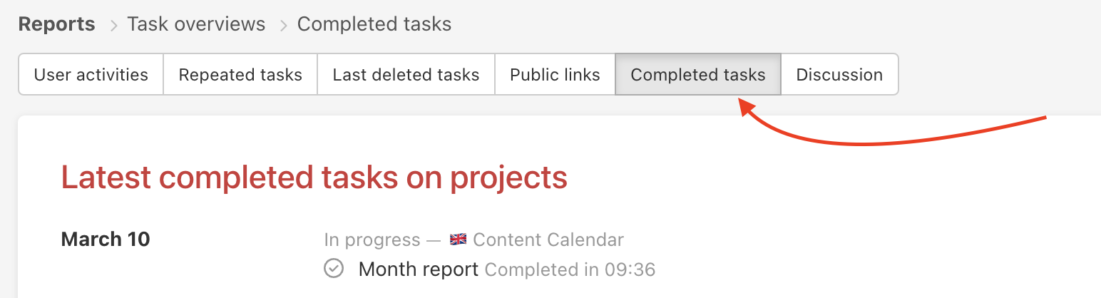 Here you will have an overview of the latest completed tasks and subtasks across projects.