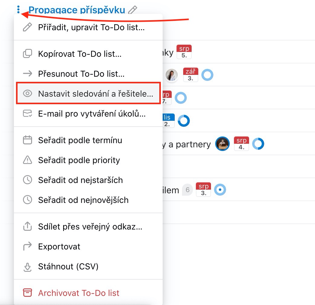 Možnost nastavení sledování a řešitele u To-Do listu.