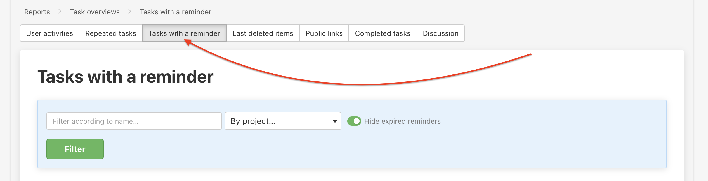 Overview of Tasks with a reminder. 