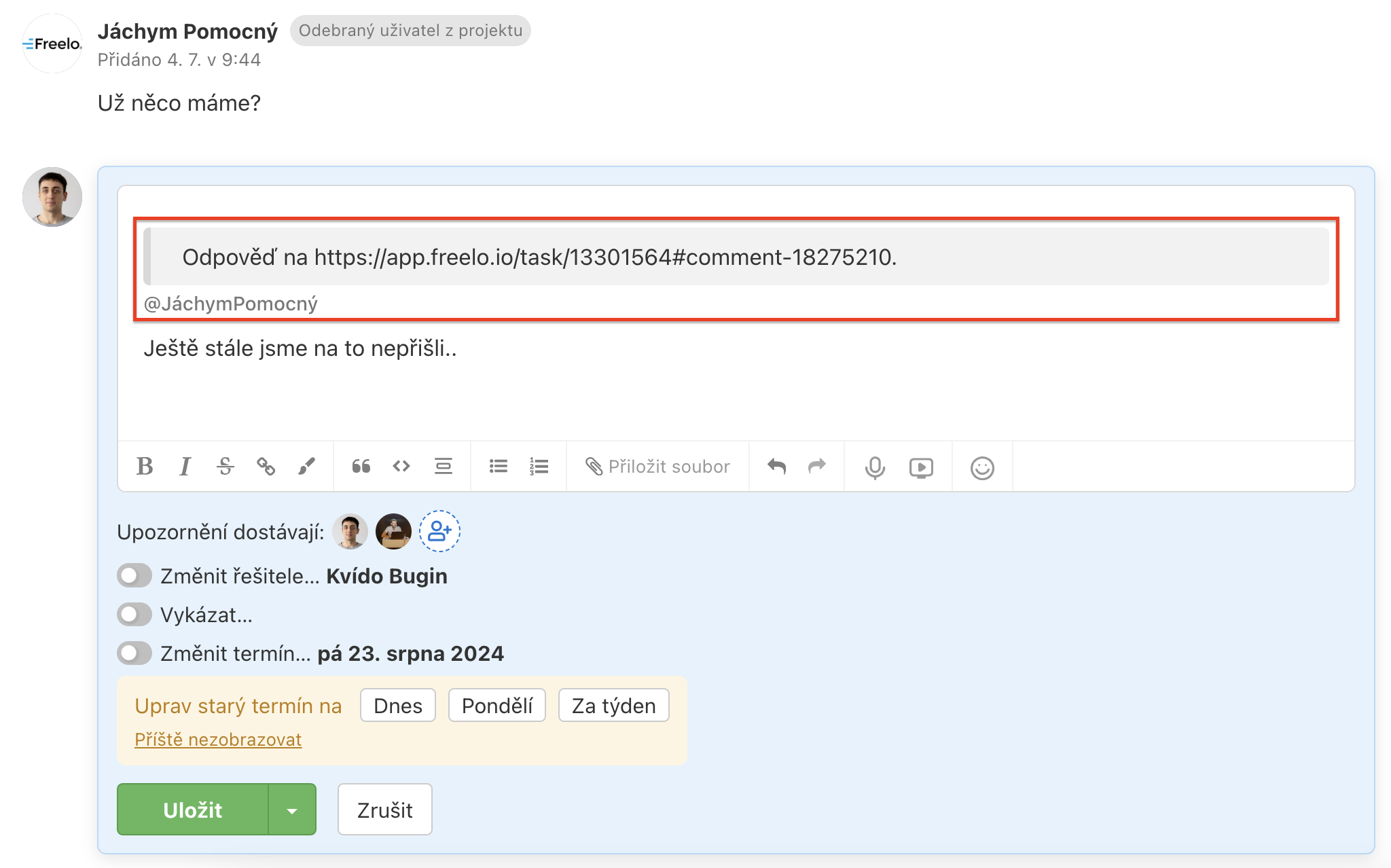 Ukázka odpovědi na komentář ve Freelu.