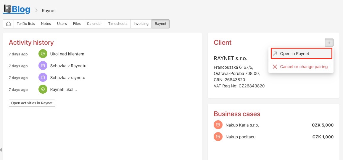 Redirect from Freelo to client in Raynet.