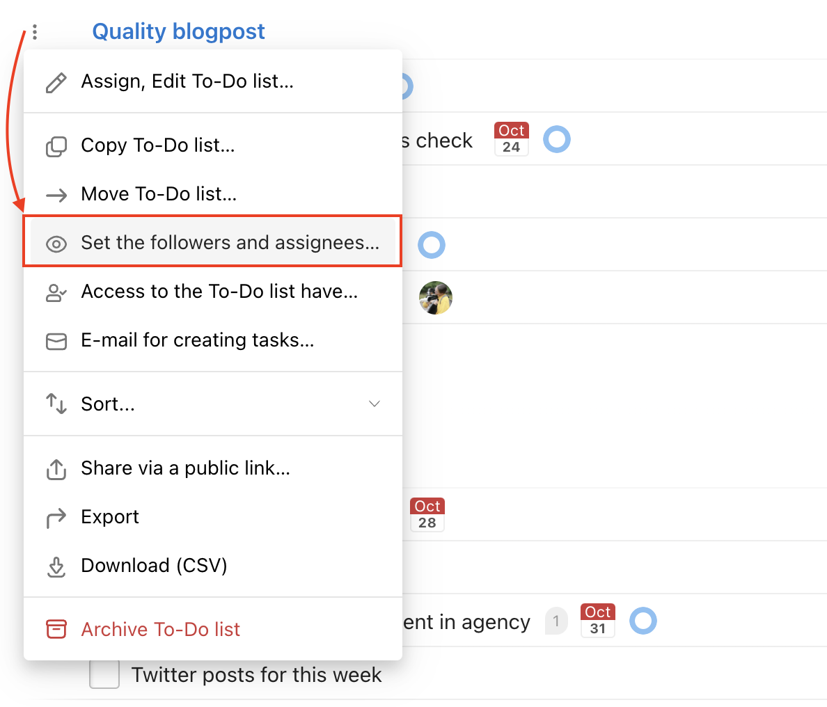Go to a particular To-Do list and set followers and assignees.