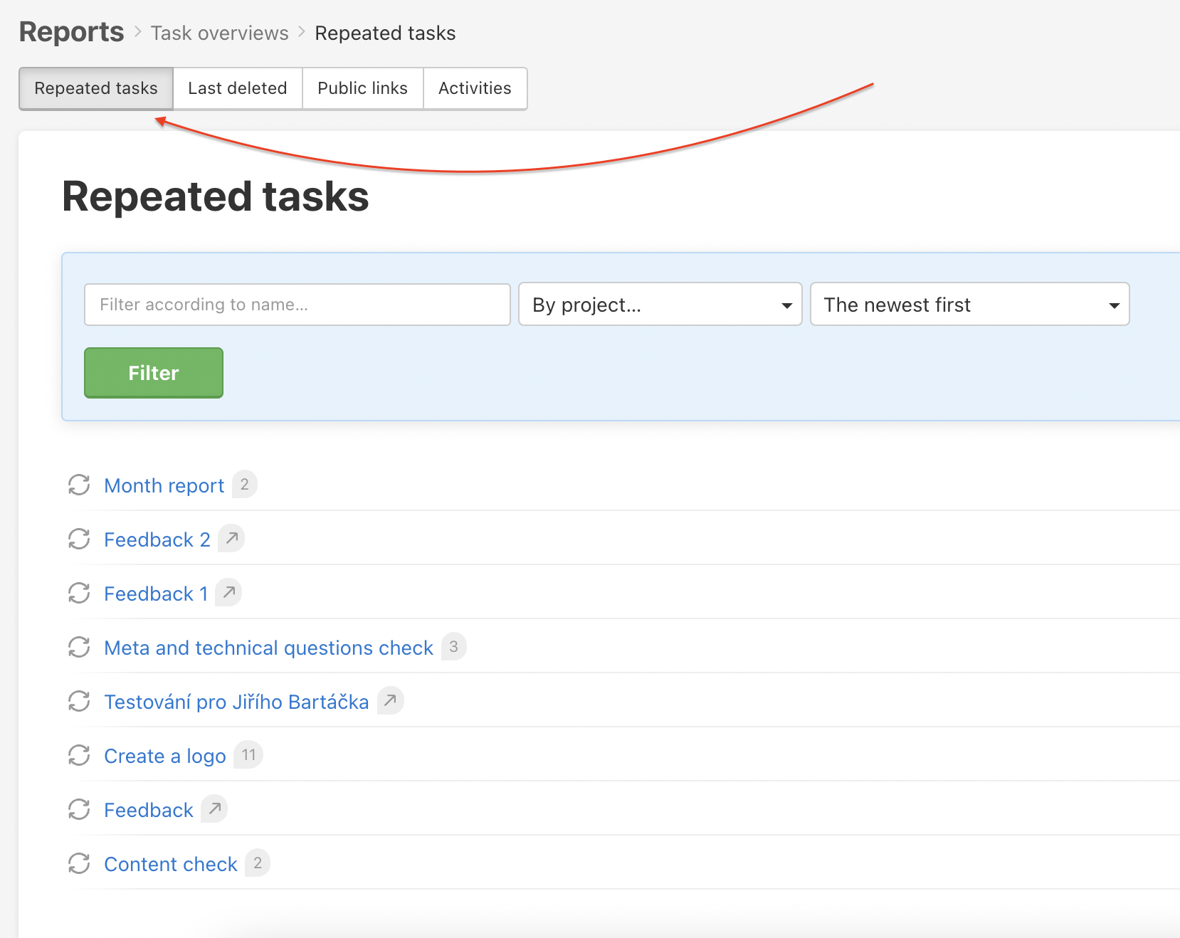 Check list of Repeated tasks.
