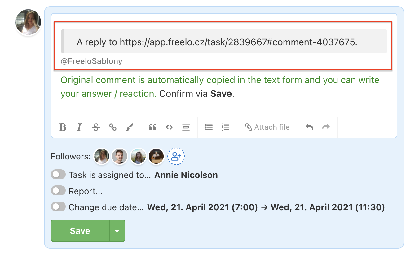 Example of a text form with reply and comment.