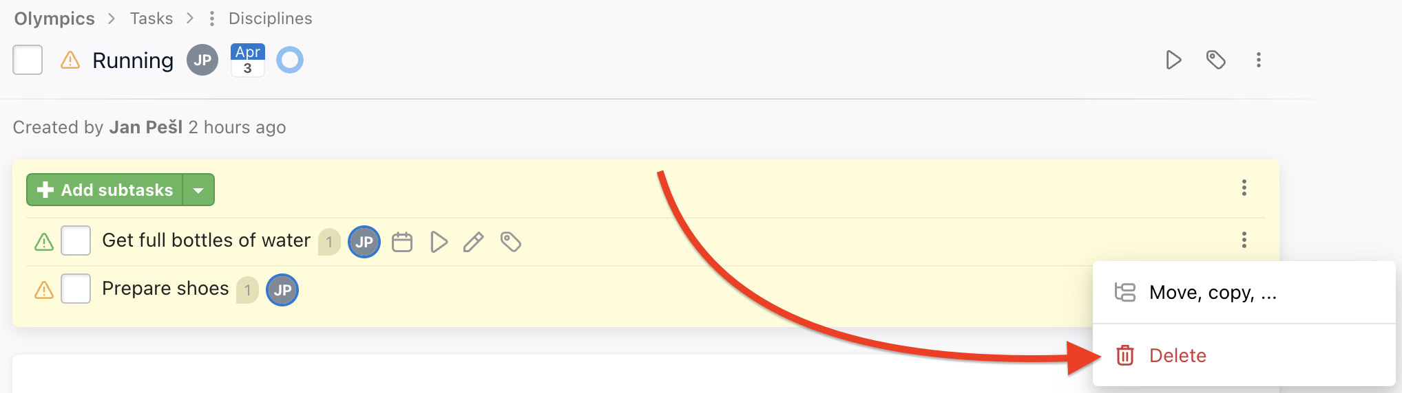How to delete a subtask.