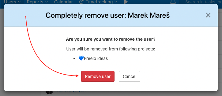 Confirm removing user from your Freelo account.