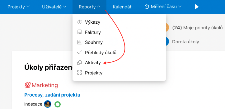 Ukázka, jak se dostat do sekce Aktivity.