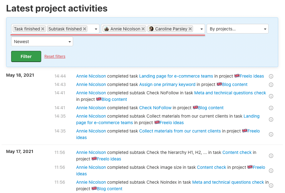 Example of filter for completed tasks and subtasks.