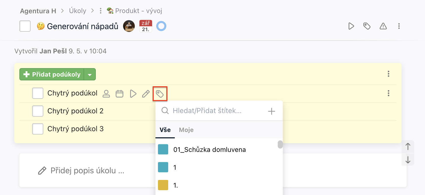 Jak přidat k podúkolu štítek.