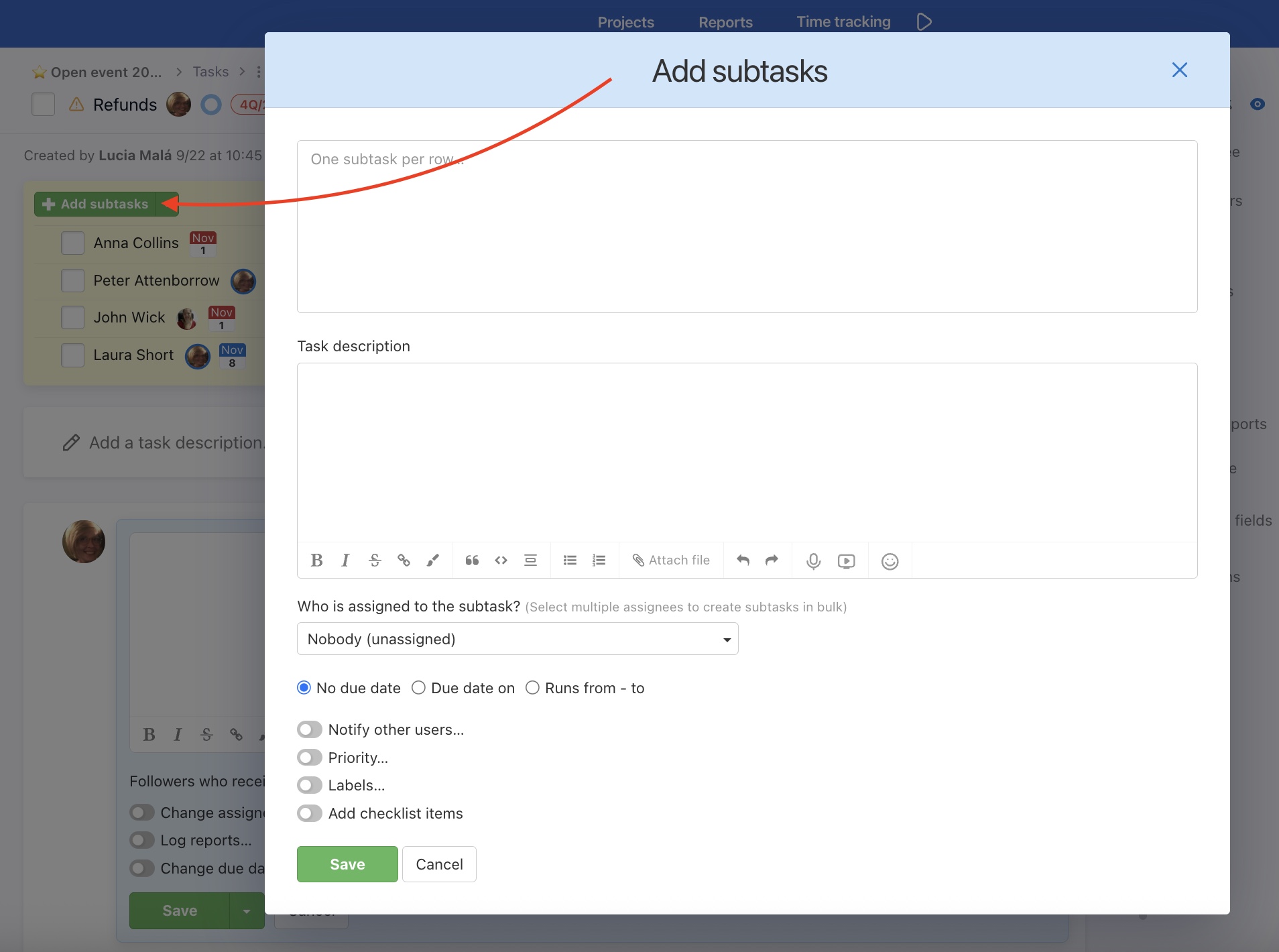 Form for adding a new subtask to a task.