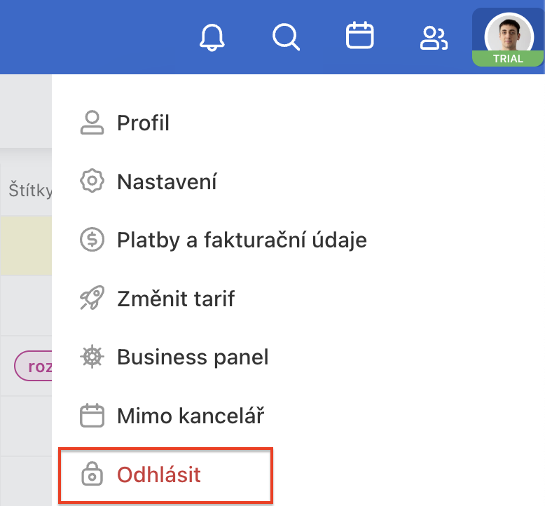 Přes avatar v pravém horním rohu klikněte na odhlásit.