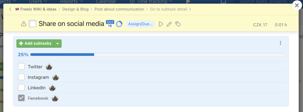 Example of a checklist in smart subtask Share on social media.