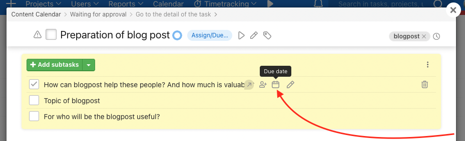 How to set due date via calendar icon.
