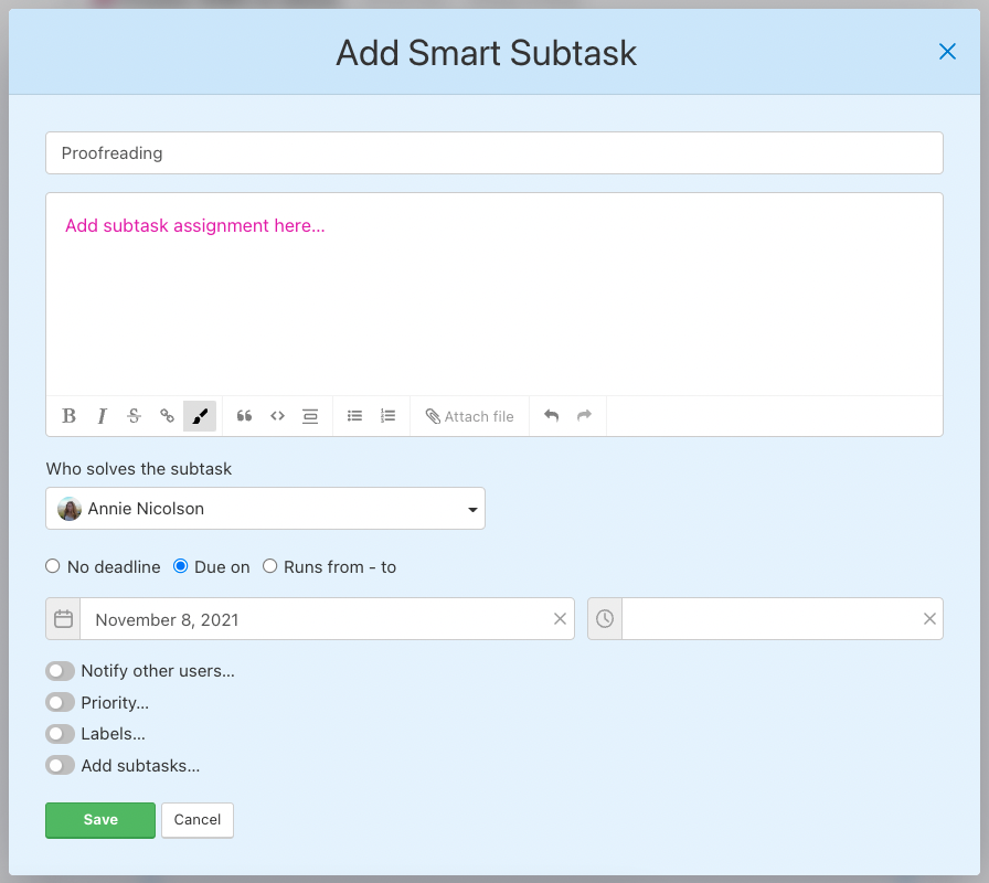Form for adding new smart subtask to a task.