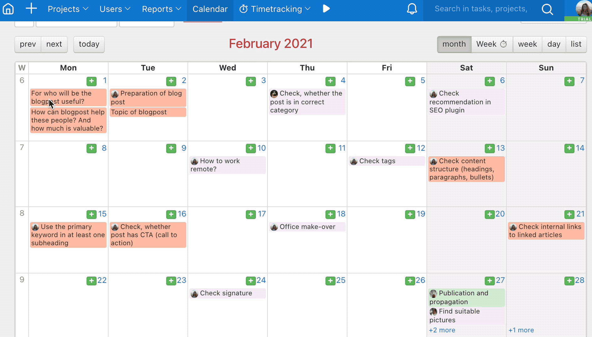 Subtasks shown in calendar.