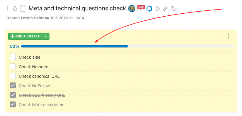 Percentage task fulfillment in subtasks.