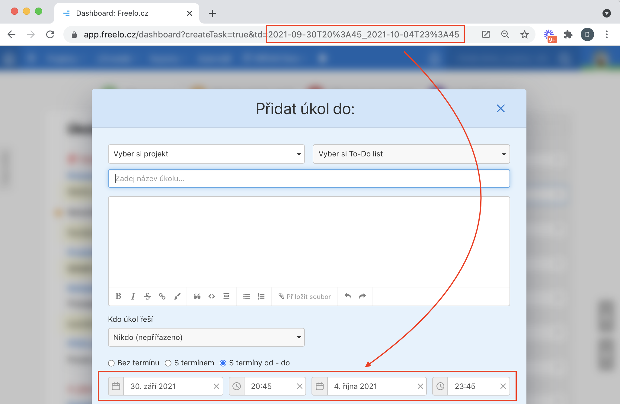 Ukázka předvyplněného termínu úkolu.
