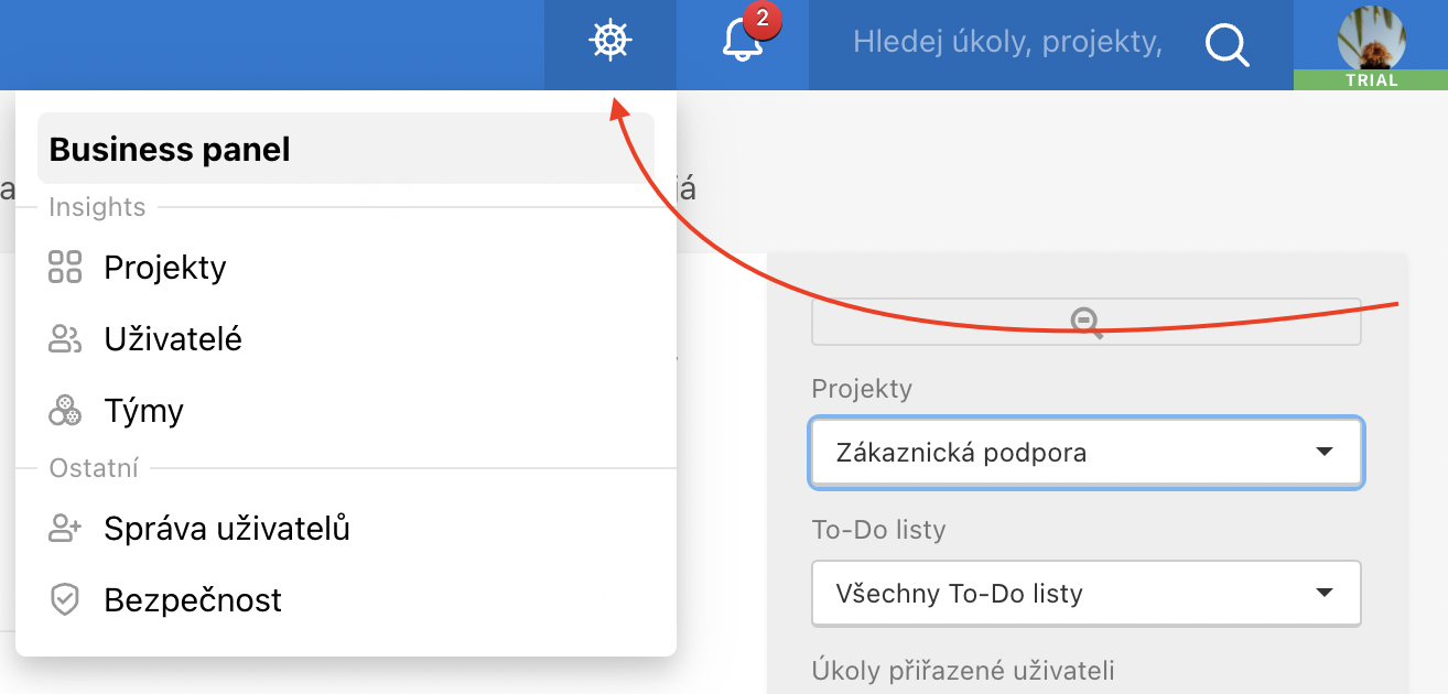 Jak přejít do sekcí Business panelu.