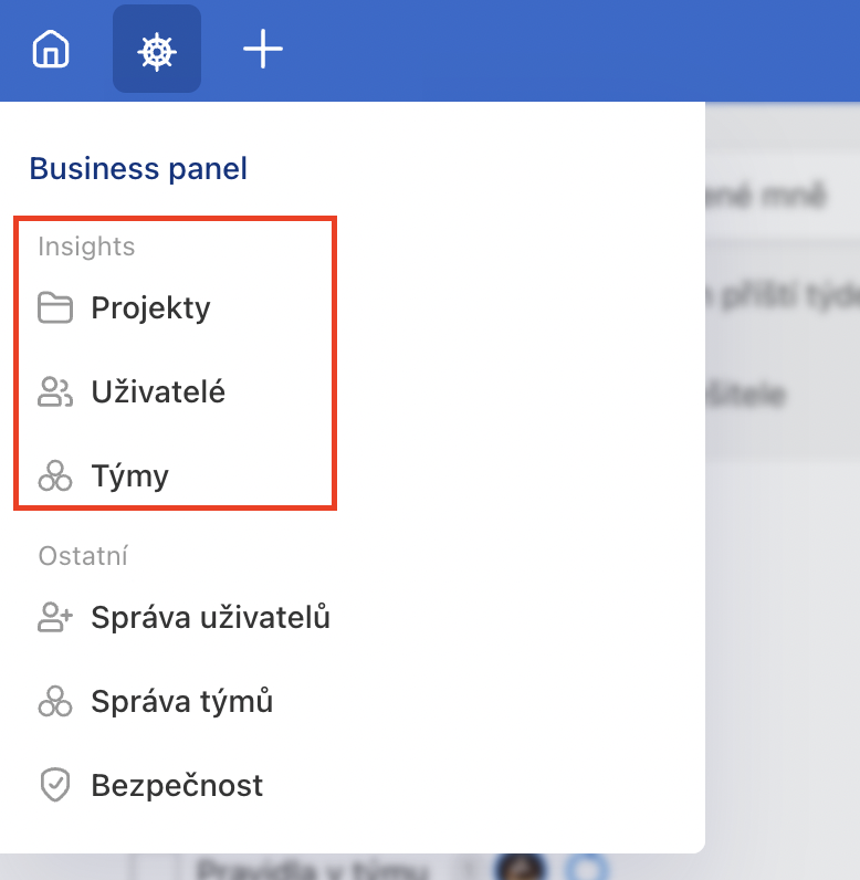 Insights ti přináší přehled o projektech, uživatelích a týmech.