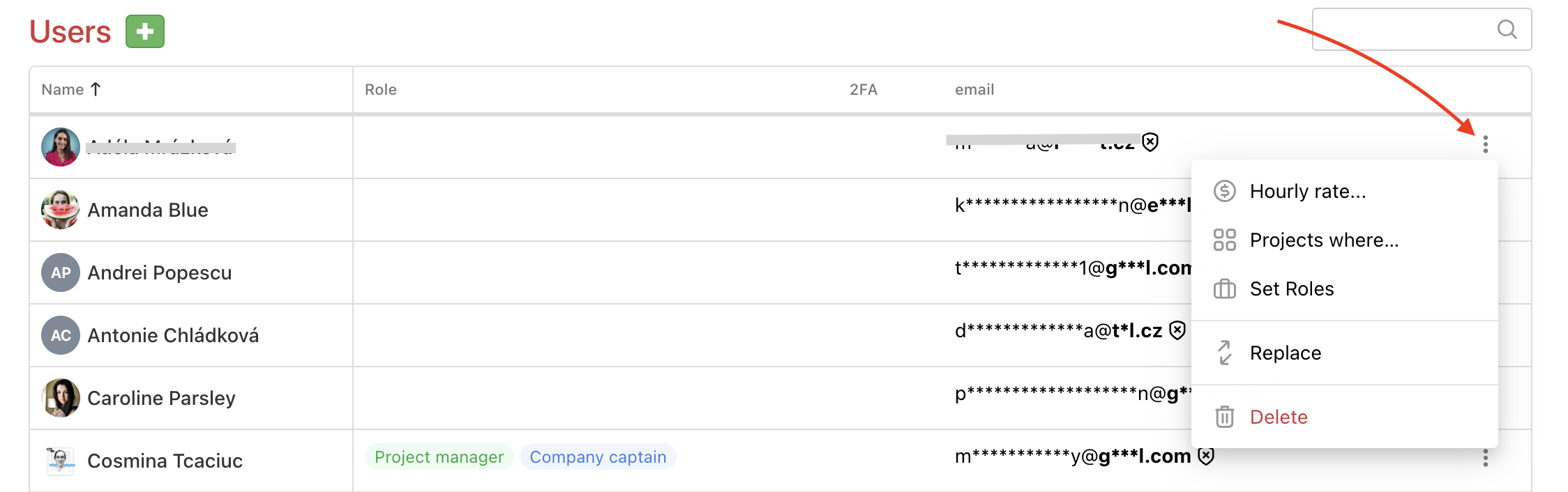 Example of features to manage users.