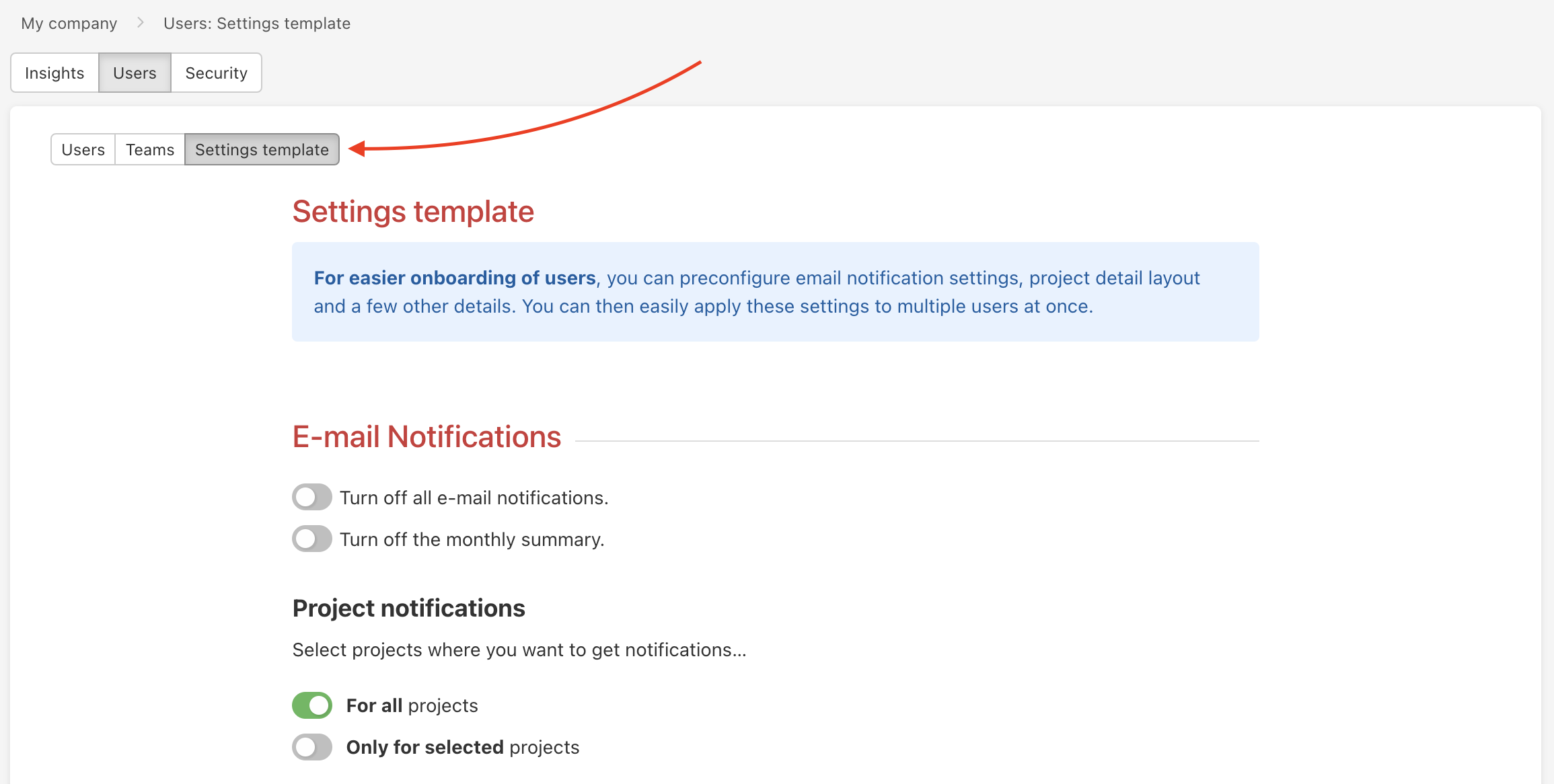 You can find the Settings template in the Business panel here.