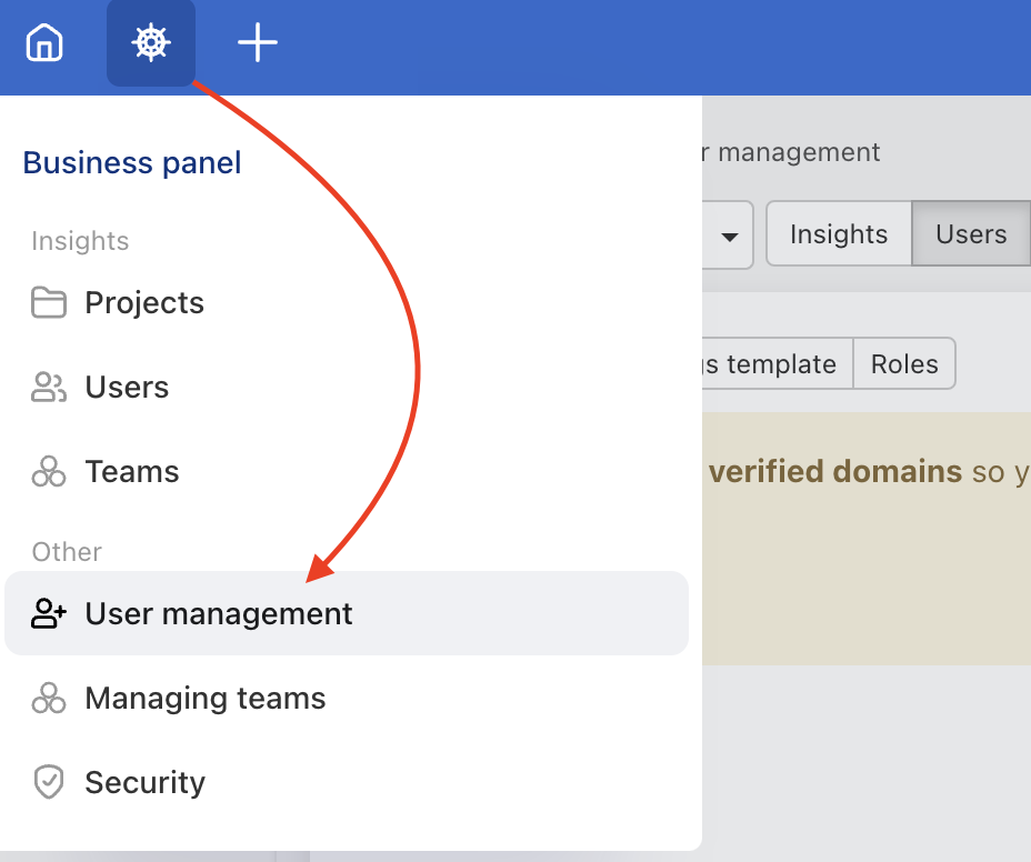 Click on Business panel icon and then on User management button.
