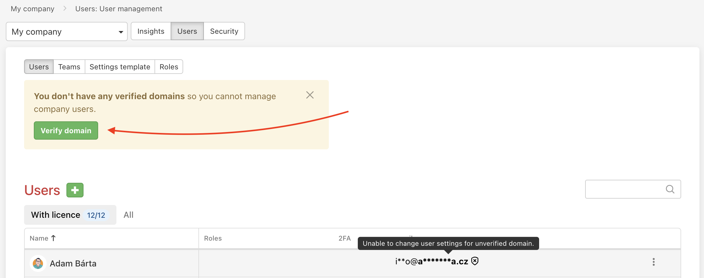 User management before you verify the domain.