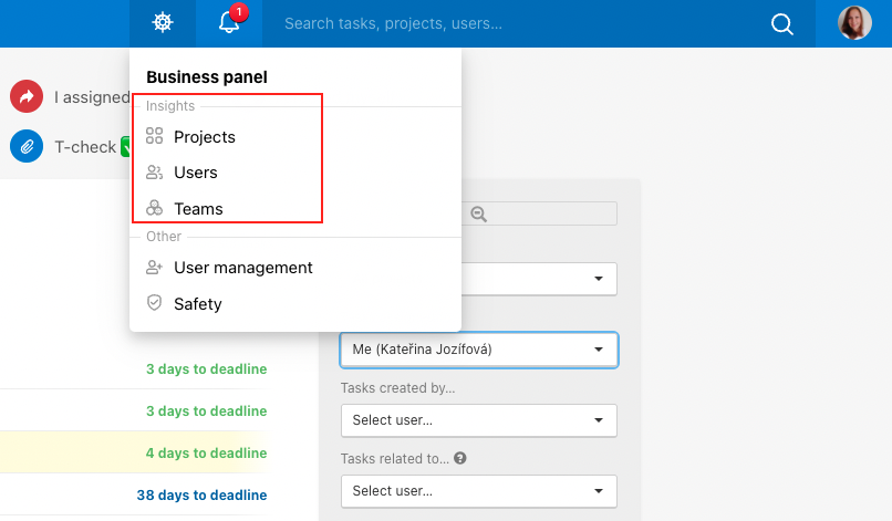 Insights give you overview over projects, users and teams.