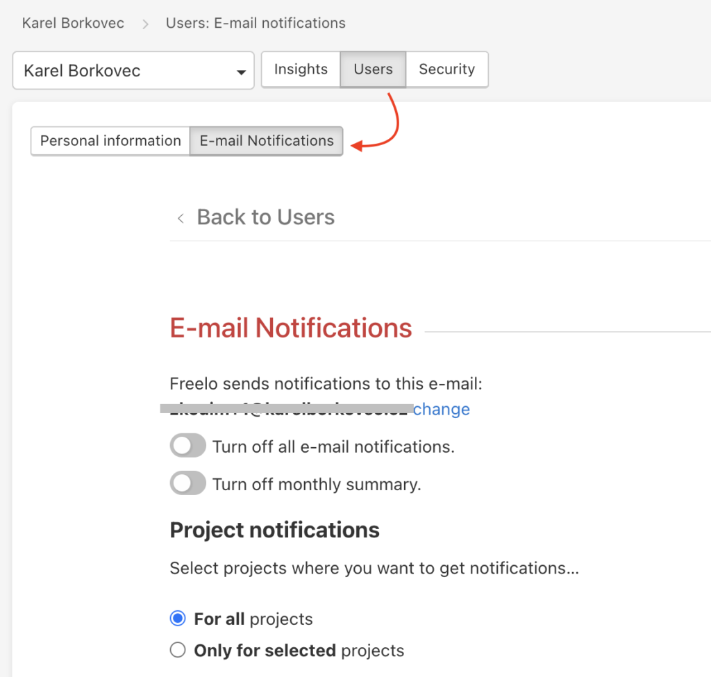Example of setting user's e-mail notifications.