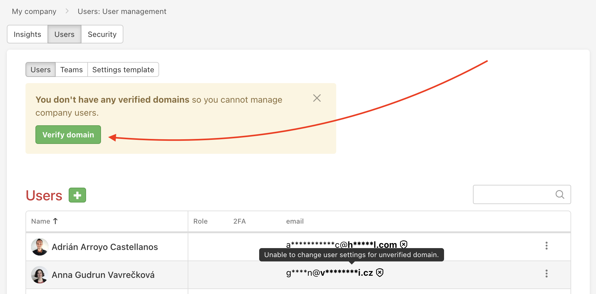 User management before you verify the domain.