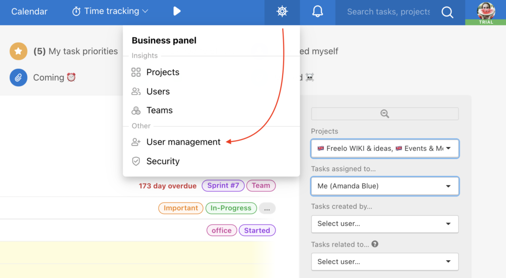 Where to find User Management in the Business Panel.